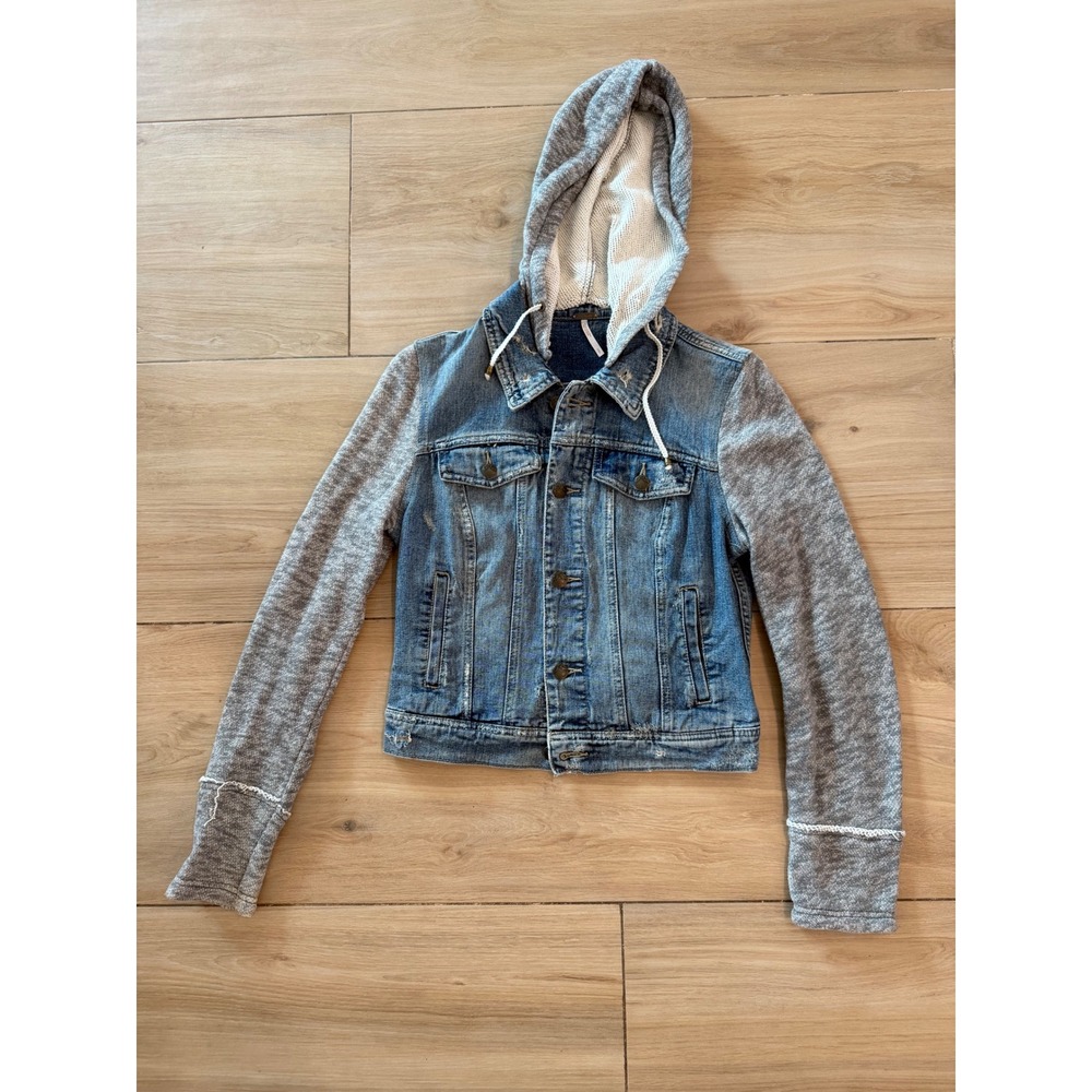 Free People Denim Jacket Grey Hoodie Sleeves Distressed Mixed Media Blue Small